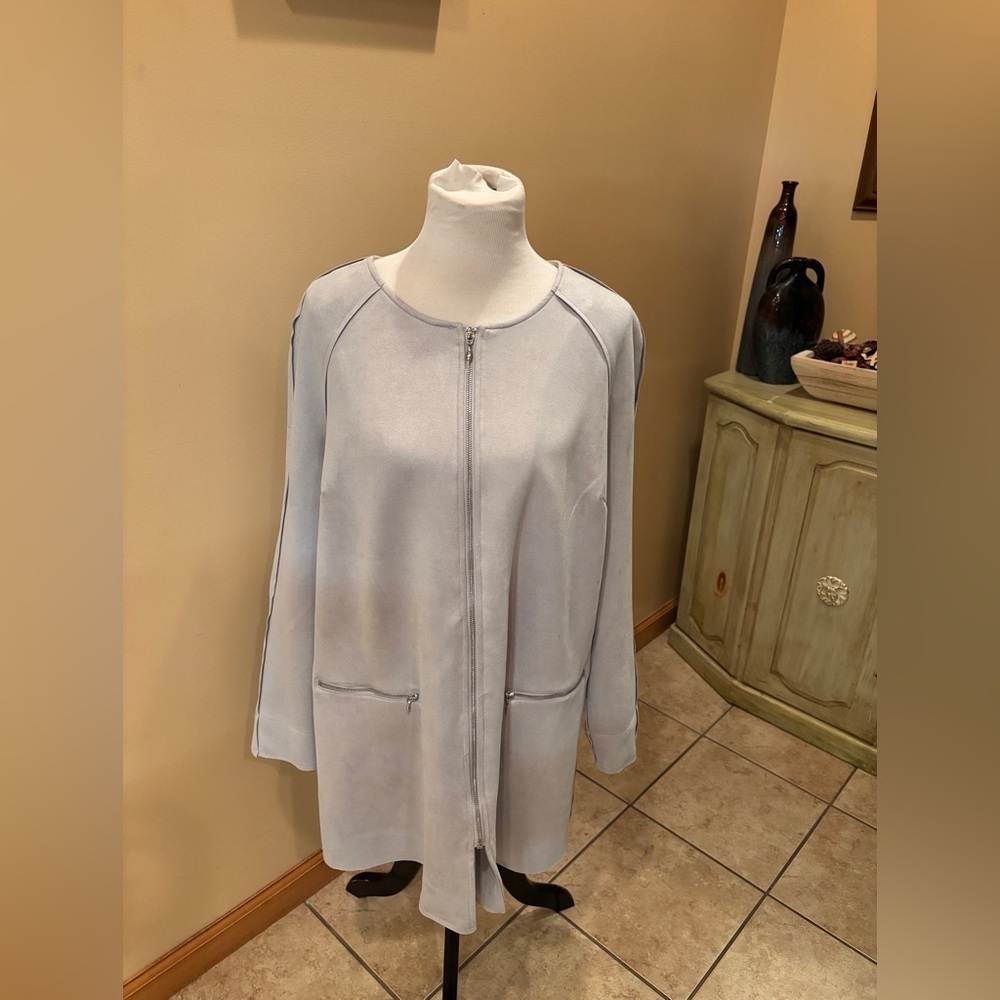 Chicos Gray Faux Suede Full Zip Long Jacket Size 3 (Large)